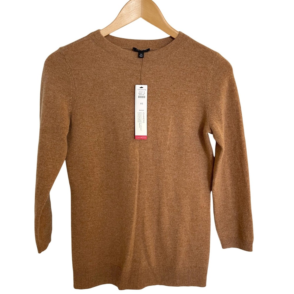 Talbots XS Cashmere Sweater Womens 3/4 Sleeve Brown Amber Crew Neck New